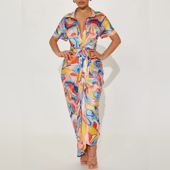 Women's Fashion Nova Hailey Button Up Maxi Dress - Blue/combo XS - Picture 1 of 10